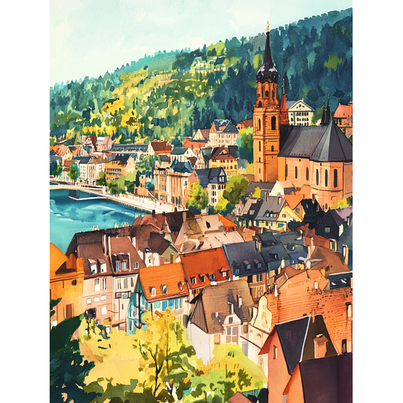 European Town Watercolor Painting/Canvas Print Suitable for Living Room Bedroom Office Hotel and Restaurant Decoration.