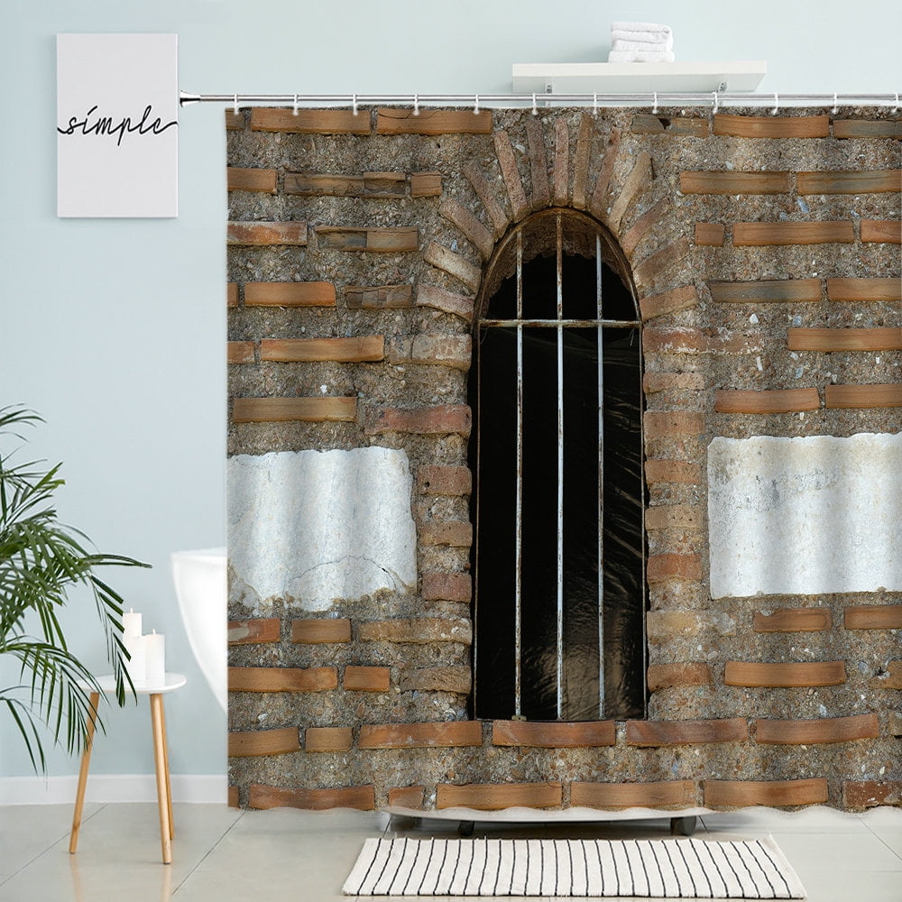 European Town Window View Shower Curtain Green Plants Flowers Vines