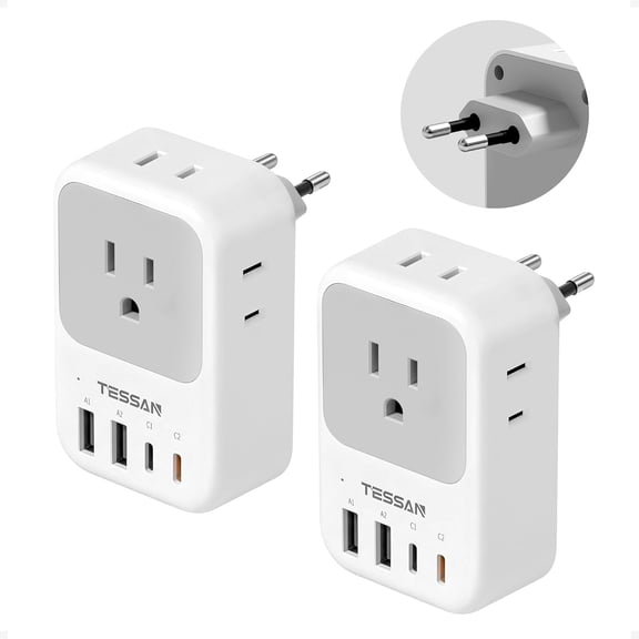 European Travel Plug Adapter 2 Pack, PD 20W for Europe with 4 AC Outlets USB (2 C), Type C Adaptor US to Europe, Italy, Spain, France, Portugal, Greece, Iceland, rmany