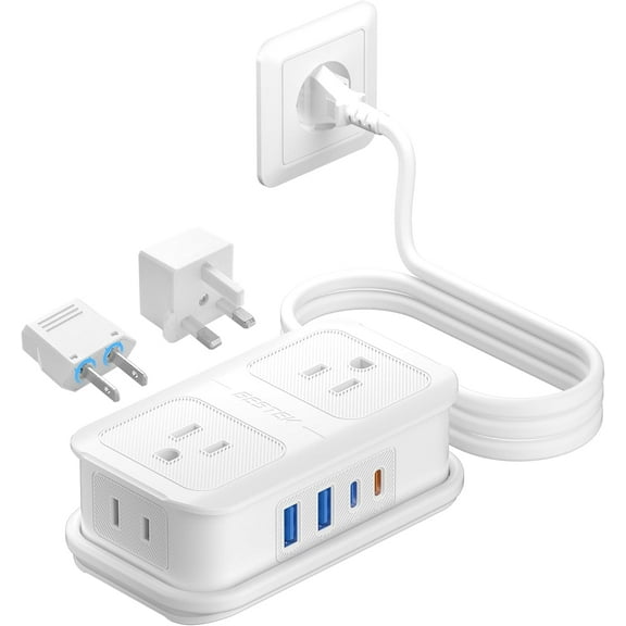 European Travel Plug Adapter: - 4 Outlets 4 USB Ports (2 USB C) with 3.6FT Wrapped Short Extension Cord, Small Portable Desktop Charging Station, Compact for Hotel Travel Cruise Essentials
