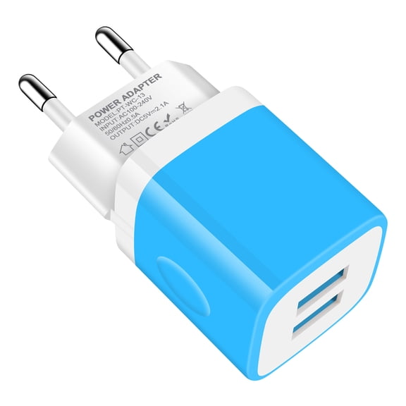European Travel Plug Adapter,AILKIN 2.1A International Travel Adapter Dual Ports USB Wall Charger Charging Block Power Cube Brick for Android for US to Europe EU Spain Italy France,Blue