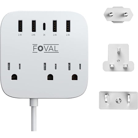 European Travel Plug Adapter, EU UK US Power Strip with USB C and 4 Ports, 3 AC Outlets, Wall Mountable, 5ft Extension Cord, Compact for Travel, Cruise Ship, Home Office (White)
