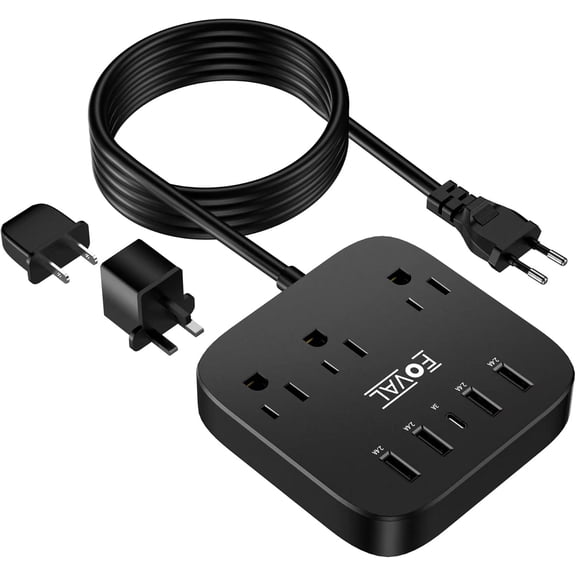 European Travel Plug Adapter, EU UK US Power Strip with USB C and 4 USB Ports, 3 AC Outlets, Wall Mountable, 5ft Extension Cord, Compact for Travel, Cruise Ship, Home Office (Black)