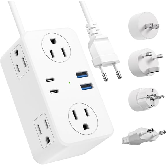 European Travel Plug Adapter, EU/UK/US Travel Plug Adapter Power Strip, 6 AC Outlets, 4 USB Ports (2 USB C), 3ft Wrapped Around Extension Cord, Universal Travel Adapter