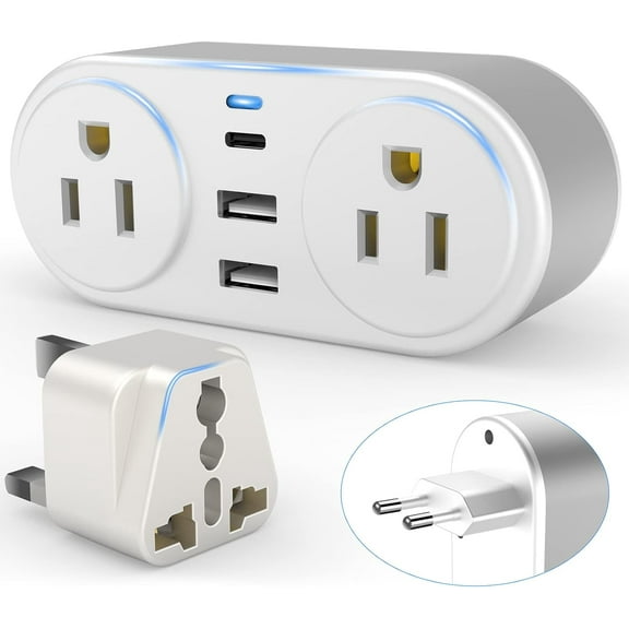European Travel Plug Adapter for Europe & UK, International Power Plug with 2 AC Outlet and 3 USB Ports, Type C Adapter American to UK EU Ireland Italy Israel Spain France Travel Essentials