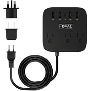 European Travel Plug Adapter, FOVAL EU UK US Power Strip with USB C and 4 USB Ports, 3 AC Outlets, Wall Mountable, 5ft Extension Cord, Compact for Travel, Cruise Ship, Home Office Black