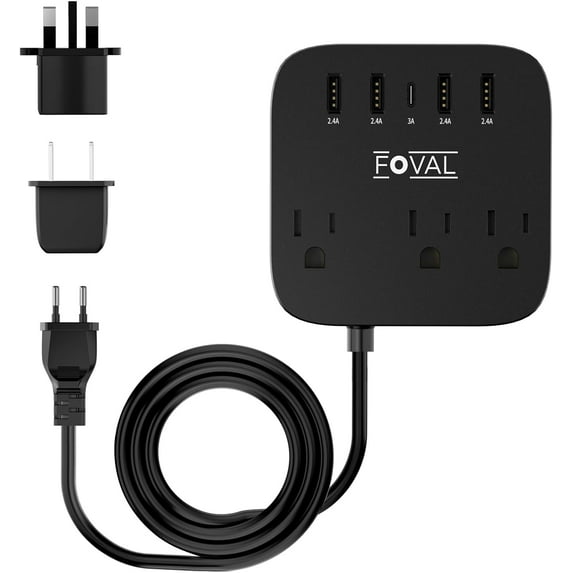 European Travel Plug Adapter, FOVAL EU UK US Power Strip with USB C and 4 USB Ports, 3 AC Outlets, Wall Mountable, 5ft Extension Cord, Compact for Travel, Cruise Ship, Home Office (Black)