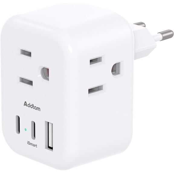 European Travel Plug Adapter, International Power Adapter with 3 Outlets 3 USB Charging Ports(2 USB C), Type C Adapter Travel Essentials to Most Europe EU Spain Italy France