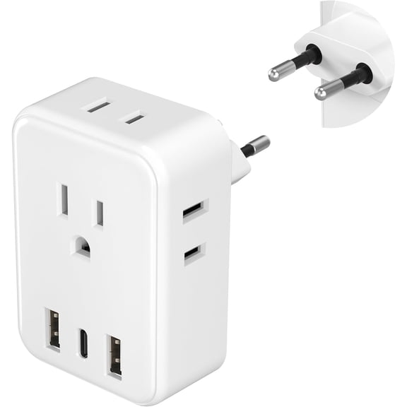 European Travel Plug Adapter, Power Plug Adapter with 4 AC Outlets and 3 USB Ports (1 USB C), Type C Adapter for US to Most of Europe Iceland Spain Italy France Germany