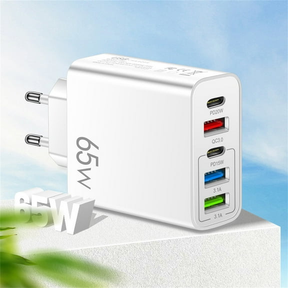 European Travel Plug Adapter,Type C Charger Block PD 65W QC3.0 Fast Charging, 2 USB C 3 USB A Power Adaptor to Europe Compatible with Most Mobile Phones(White)