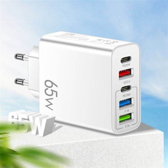 European Travel Plug Adapter,Type C Charger Block PD 65W QC3.0 Fast Charging, 2 USB C 3 USB A Power Adaptor to Europe Compatible with Most Mobile Phones(White)