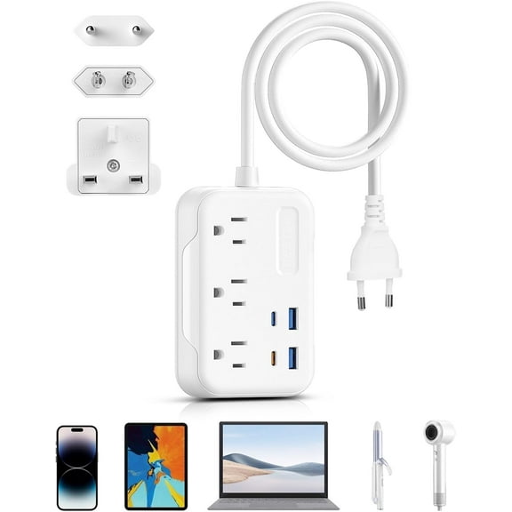 European Travel Plug Adapter: UK Travel Plug Adapter- US to UK Europe Travel Power Strip with 20W USB C Charger - 3 AC Outlets, 4 USB Ports (White)