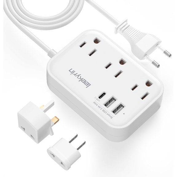 European Travel Plug Adapter, US to UK Europe Power Strip for EU/UK/US with USB C, 3 USB Ports 3 AC Outlets, 3ft Extension Cord, International Travel Power Strip, Type C for Europe EU rmany France