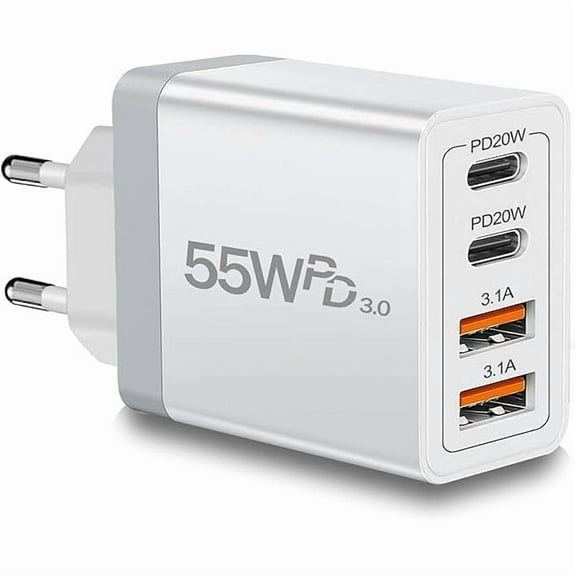 European Travel Plug Adapter USB C, 55W USB C European Charger 4-Port Fast Charger Type C Wall Charger USA to Europe Plug Adapter for iPhone 17 16 15 14 13 12 11 Pro Max X 8, Galaxy, Android