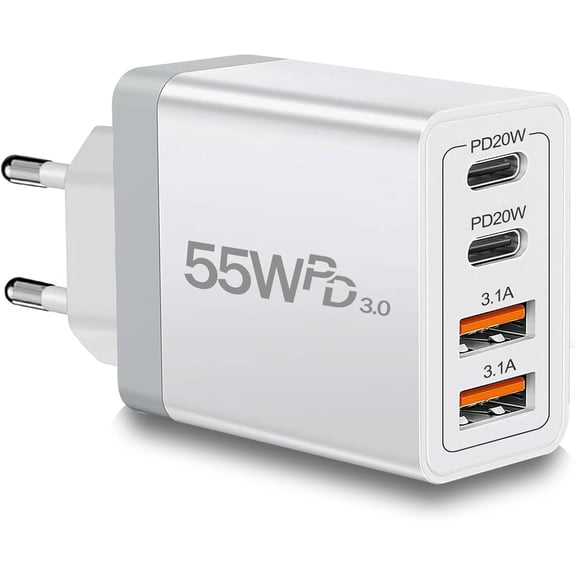 European Travel Plug Adapter USB C, 55W USB C European Charger 4-Port Fast Charger Type C Wall Charger USA to Europe Plug Adapter for iPhone 17 16 15 14 13 12 11 Pro Max X 8, Galaxy, Android