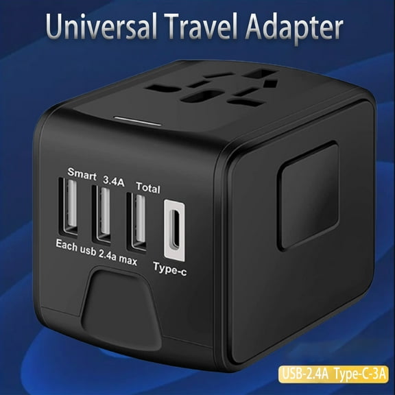 European Travel Plug Adapter Universal Travel Adapter - 3 USB 1 Type C in One Travel Charger with UK/US/AUS/EU Plugs and Socket, International Power Adapter Wall Charger,Black