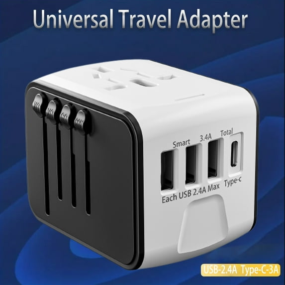 European Travel Plug Adapter Universal Travel Adapter - 3 USB + 1 Type C in One Travel Charger with UK/US/AUS/EU Plugs and Socket, International Power Adapter Wall Charger,White
