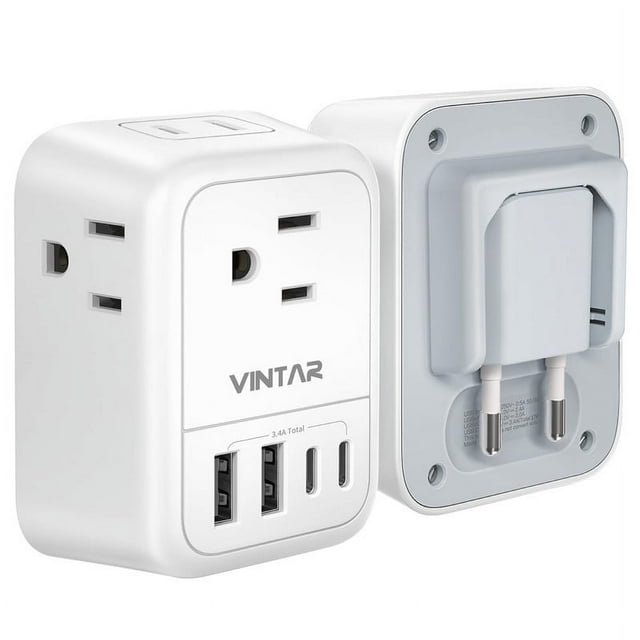 VINTAR European Travel Plug Adapter, 4 Outlets, 4 USB Ports for US to Europe