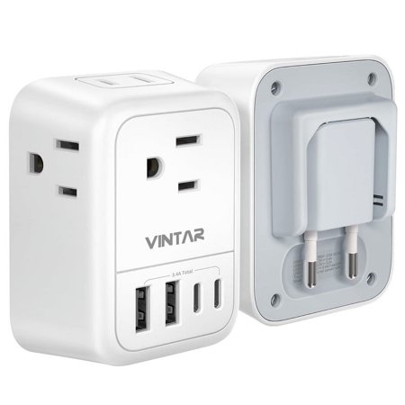 European Travel Plug Adapter, VINTAR Foldable International Travel Adapter with 4 Outlets 4 USB Ports(2 USB C), 8 in 1 Type C Travel Essentials Charger for US to Most of Europe EU Italy Spain France