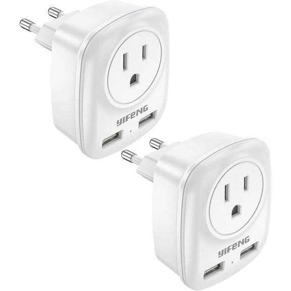 European Travel Plug Adapter, YIFENG International Travel Power Adaptor 2 USB, Type C Outlet Adapter Charger USA to Most of Europe EU Spain Iceland Italy Germany France Israel 2 Pack