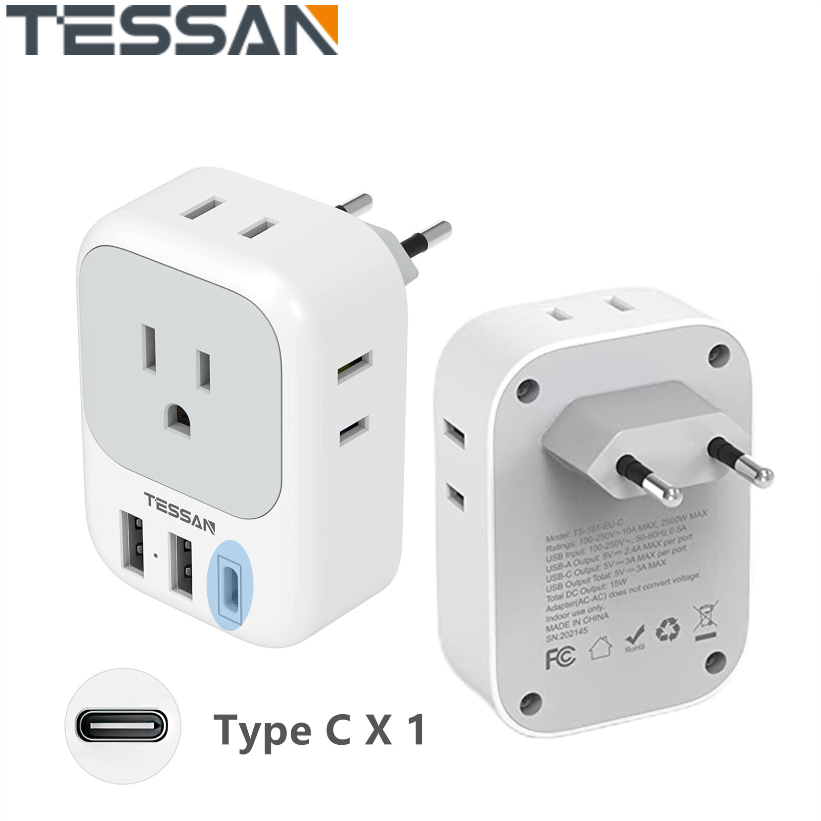 European Travel Plug Adapter with 4 AC Outlets and 3 USB Ports, Type C