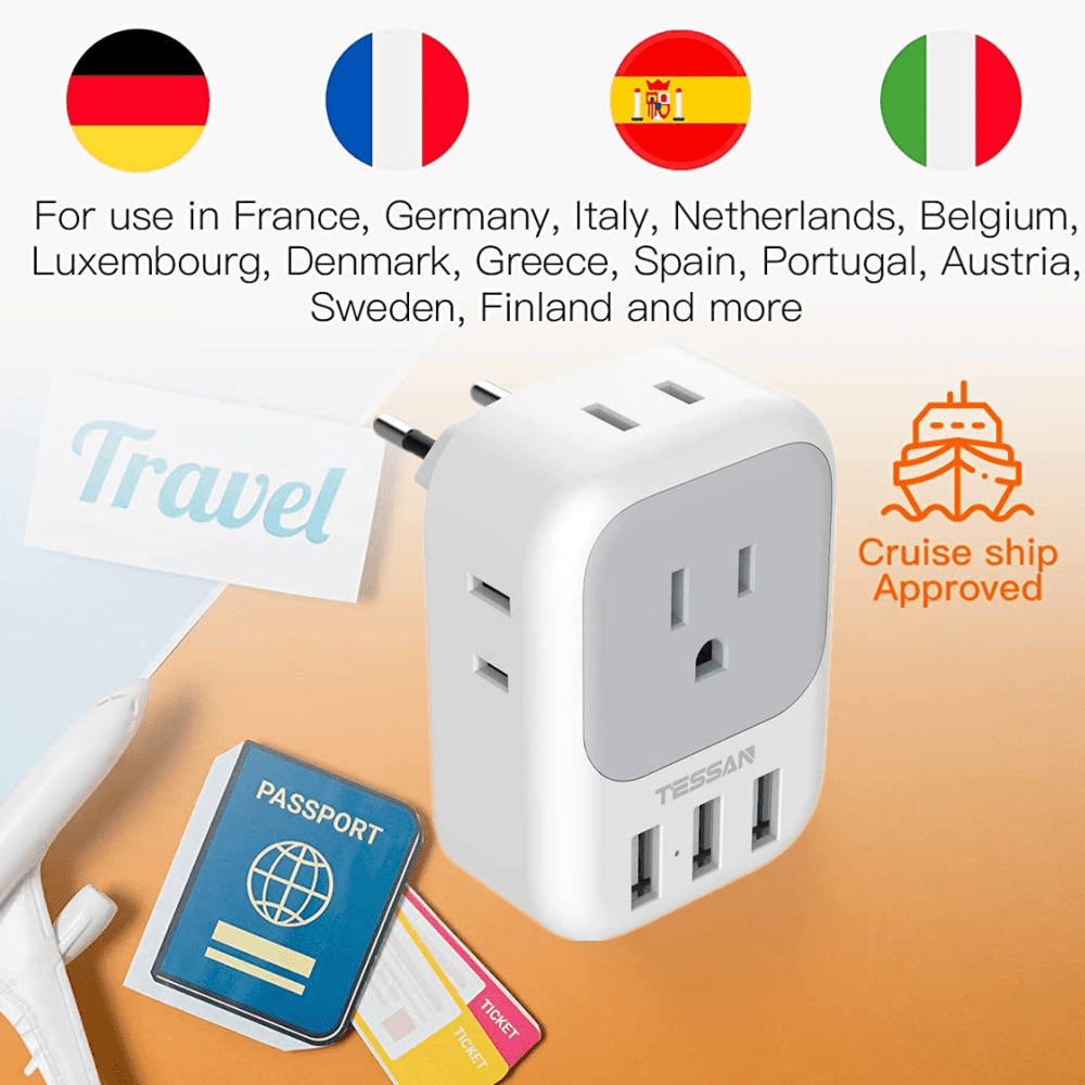 European Travel Plug Adapter with 4 Outlet 3 USB to Spain France