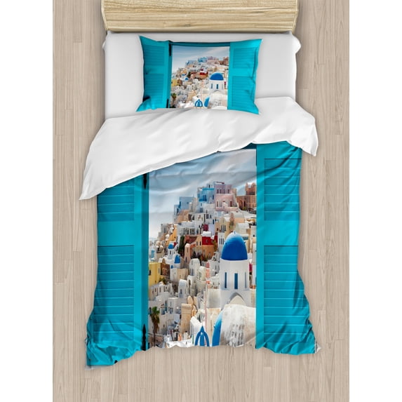 European Twin Size Duvet Cover Set, Old Shutters of Window with View of Traditional Greek Village Heritage Culture, Decorative 2 Piece Bedding Set with 1 Pillow Sham, Multicolor, by Ambesonne