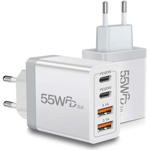 European USB C Charger 2 Pack, 55W European Travel Plug Adapter 4-Port Fast Charger Type C Wall Charger USA to Europe Plug Adaptor for iPhone 16 15 14 13 12 11 Pro Max XS X 8, Galaxy, Android