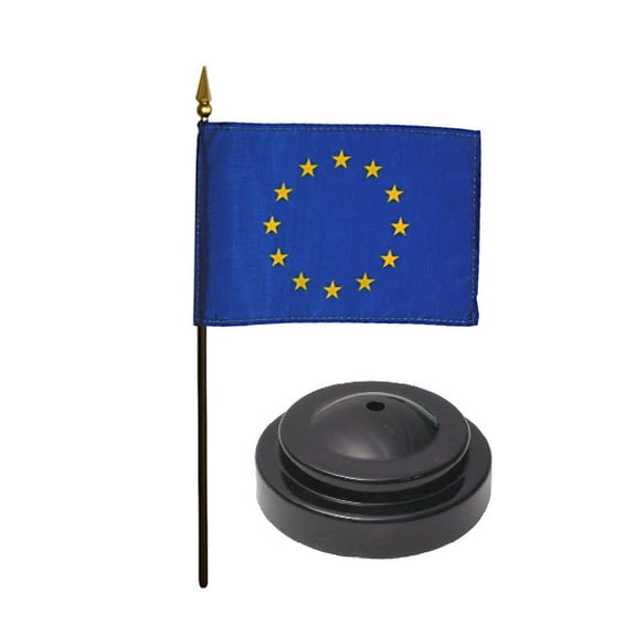 European Union Desk Flag with Base; American Made Rayon 4x6 inch Miniature Table Set Includes One Small Mini Country Stick Flags and One Black Stand (European Union Desk Flag and Base)