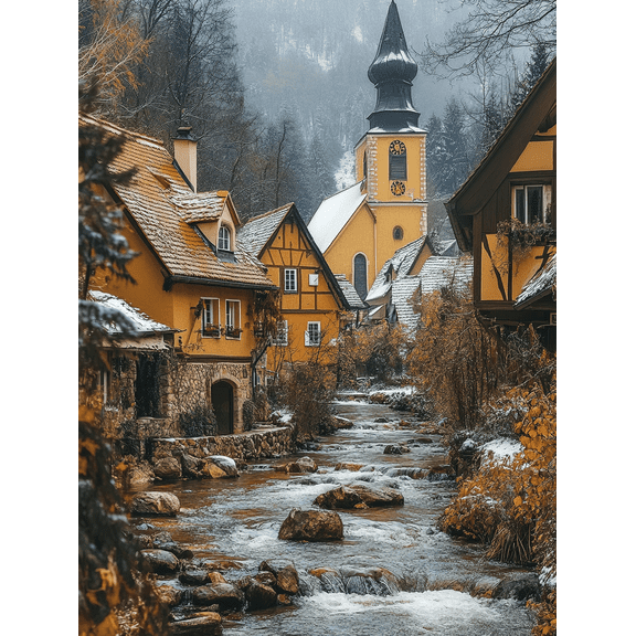 European Village River Scene Canvas Print/Wall Art Suitable for Living Room Hotel and Restaurant Decoration.