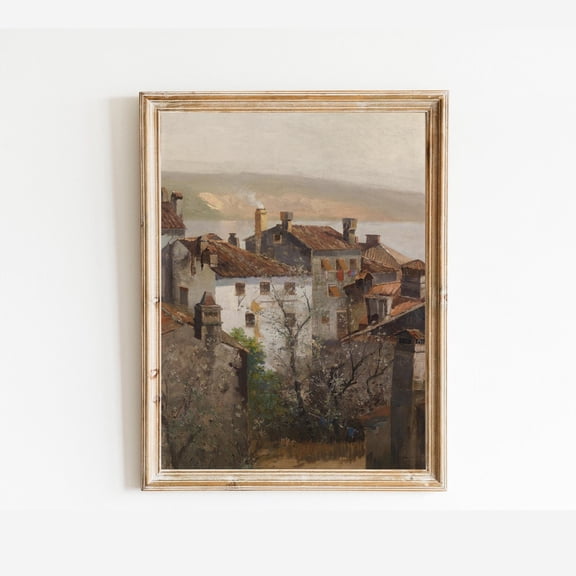 European Village Rooftops Poster Rustic Architecture, Red Tile Roof Unframed Paper Print