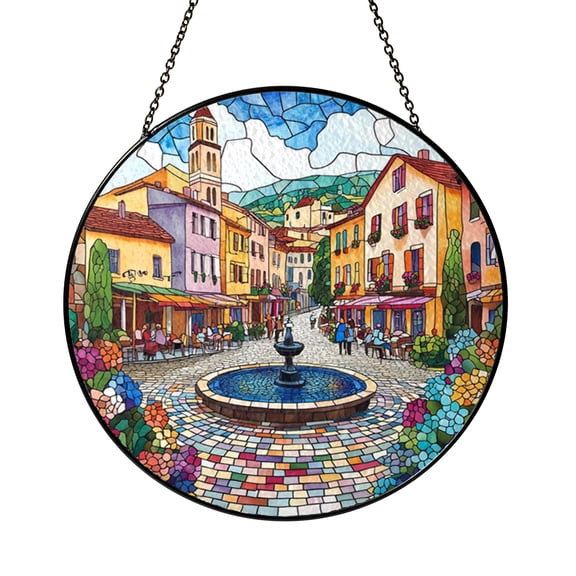 European Village Stained Glass Style Suncatcher Window Hanging Decor, Scenic Town Square Glass Art Panel with Fountain and Shops, Round Decorative Sun Catcher Window Ornament Gift Idea