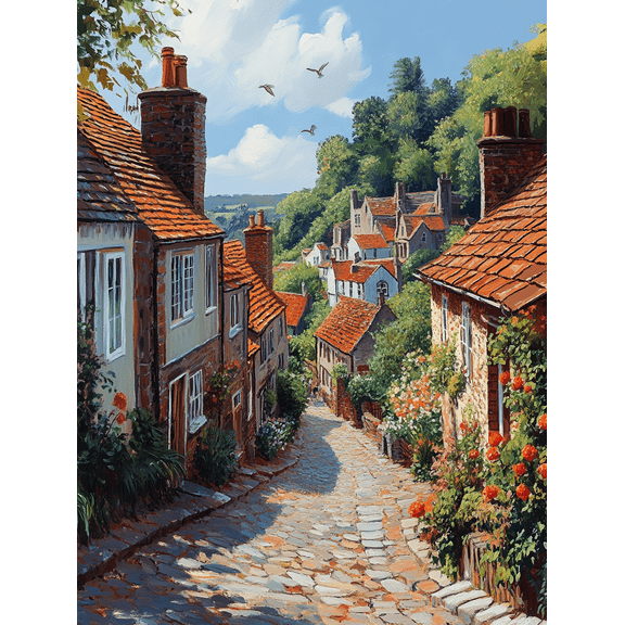 European Village Street Cobblestone Lane Oil Painting Canvas Art Print,Perfect for Living Room,Bedroom,Kitchen,Dining Room,Bathroom Decoration.