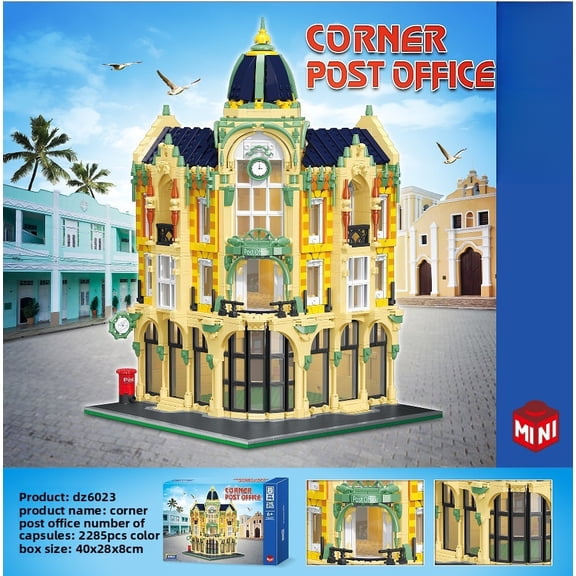 European Vintage Corner Post Office Mini Building Blocks Set, 2285 PCS 3-Story Modular City Street Architecture Brick Model with Full Interior Decor, Collectible City Construction Kit for Teen & Adul
