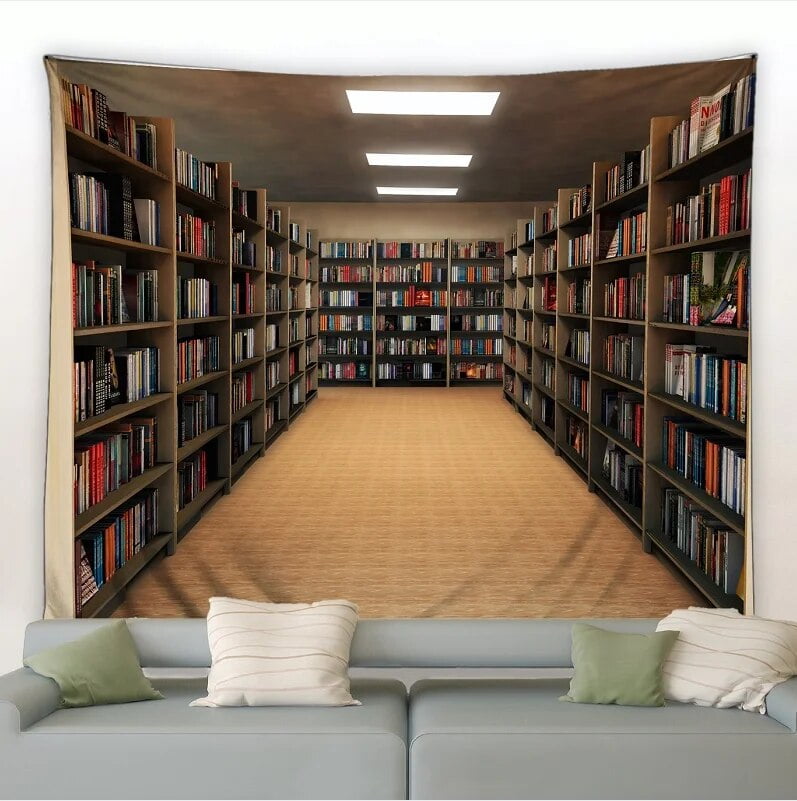 European Vintage Library Bookshelf Wall Hanging Tapestry Visual Art