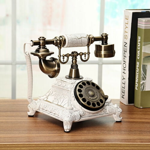 European Vintage Rotary Telephone - Antique Style Desk Phone with Crystal Accents, Hands-Free Speaker & Gold Crackle Design, Functional Landline for Home Office Decor