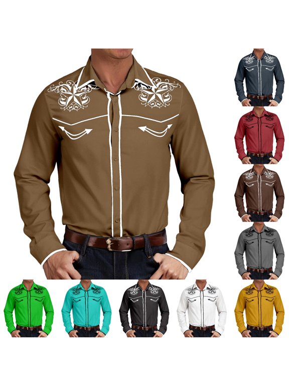 European Western Denim Pattern Printed Men Casual Loose Comfortable Foreign Trade Business Lapel Long Sleeved Shirt Brown 3XL