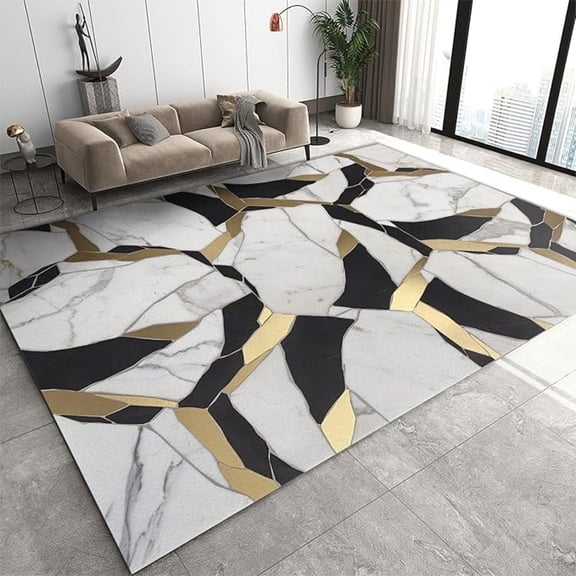 European White Gold Cracked Marble Area Rug, Abstract Marble Indoor Living Room Rugs, With Non Slip Backing Washable Rug For Bedroom Study Office Decor Floor Mat 5x8ft