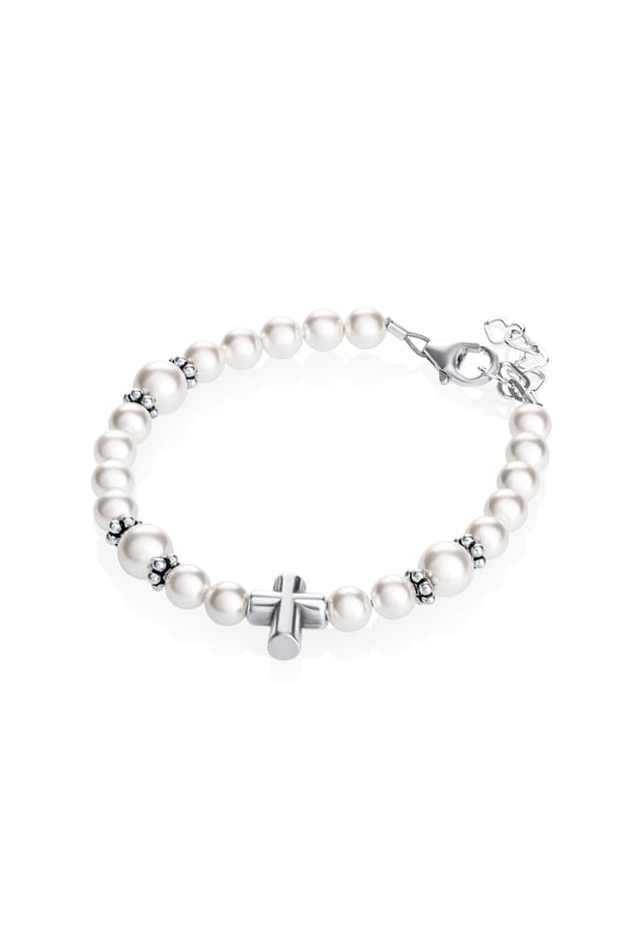 European White Pearls with Sterling Silver Cross Bead Bracelet (BCBW)