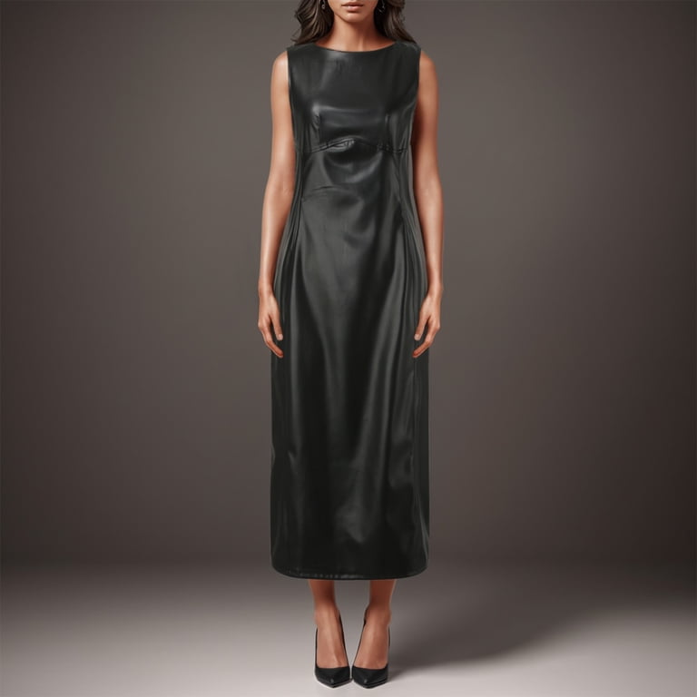 European And Women's Dress New PU Leather Skirt Split Long Dress Womens  Midi Dress Casual Dresses Pockets Shirt Dress Summer Fitted Summer Dress  for ...