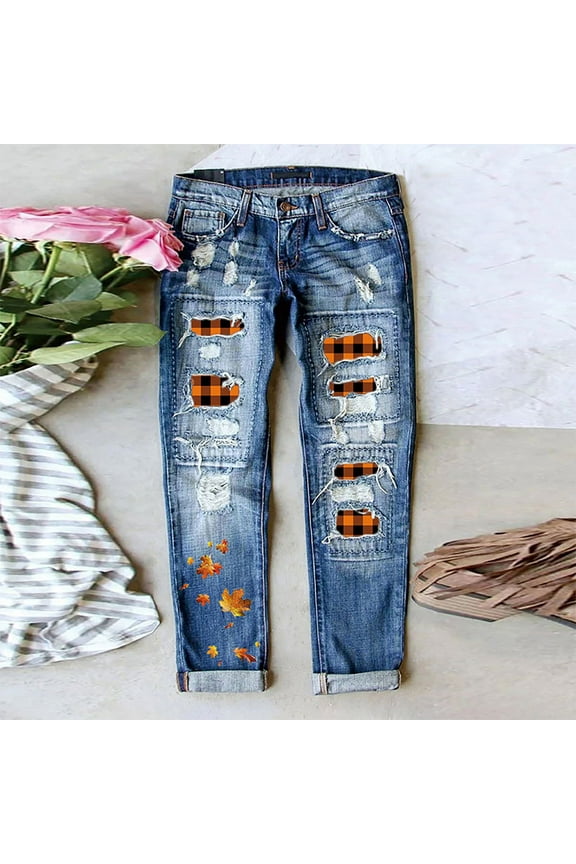 European And Women's Mid Rise Distressed Jeans Maple Leaf Red Checkered Printed Patch Straight Pants Mod Mom plus Size Women Pants Short Jean Pants for Women Denim Look Leggings Dress Leggings Women