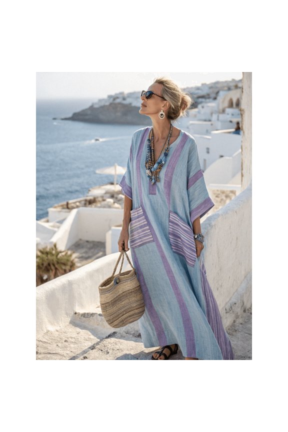 European and American 3D Digital Print V-Neck Five-Sleeve Long Patch Pocket Kaftan Dress