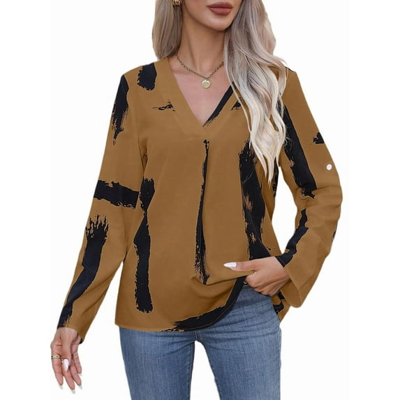 European and American Abstract Art Printed Shirt Women'S Long Sleeved Shirt Women'S Clothing Khaki S