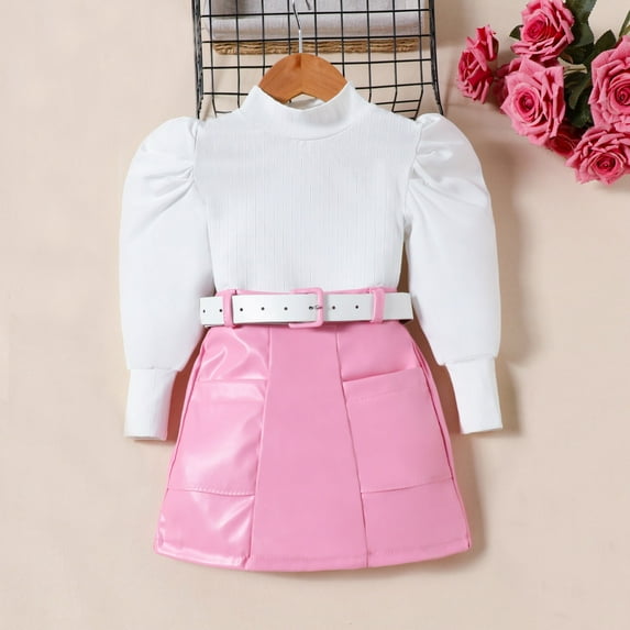 European and American Children's Clothing Small and Middle School Girls Fashion Suit Puffy Sleeve Top +pu Leather Skirt + Belt Three Set