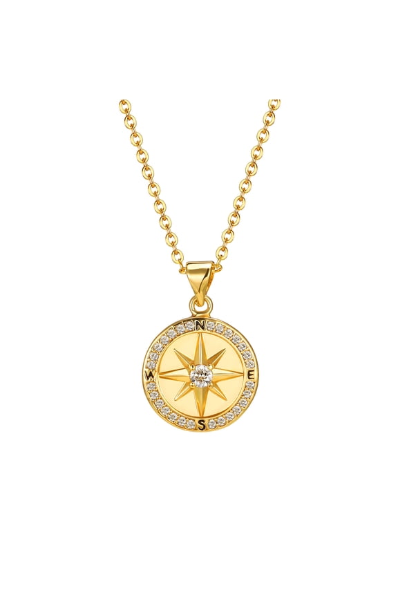 European and American Compass 14K Yellow Gold Necklace for Women Exquisite High-end Pendant Birthday Graduation Jewelry Gift for Girlfriend
