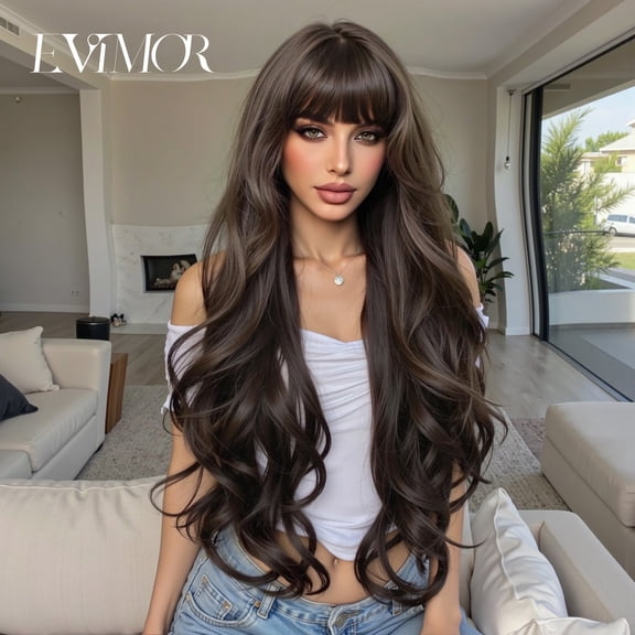 European and American Export Hot Selling Wig, Bangs, Big Waves, Long Curly Hair, Ombre Brown High Temperature Fiber Synthetic Wig Cap