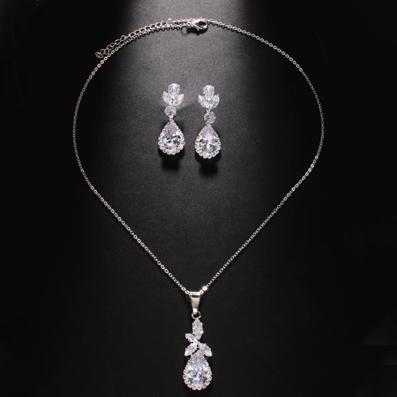 European and American Luxury Bridal Jewelry Sets Bridal Accessories Fashion Zirconia Teardrop Earrings and Necklace