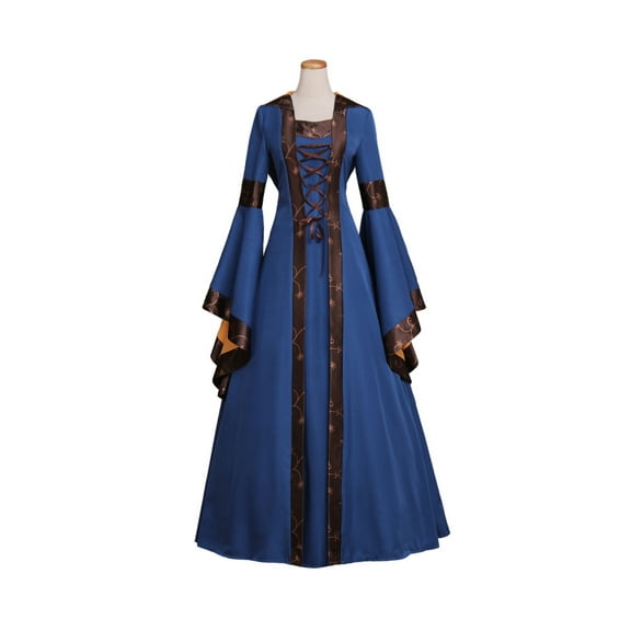 European and American Medieval Palace Hooded Blue Dress - Square Collar Tie Belt Flared Sleeve Skirt