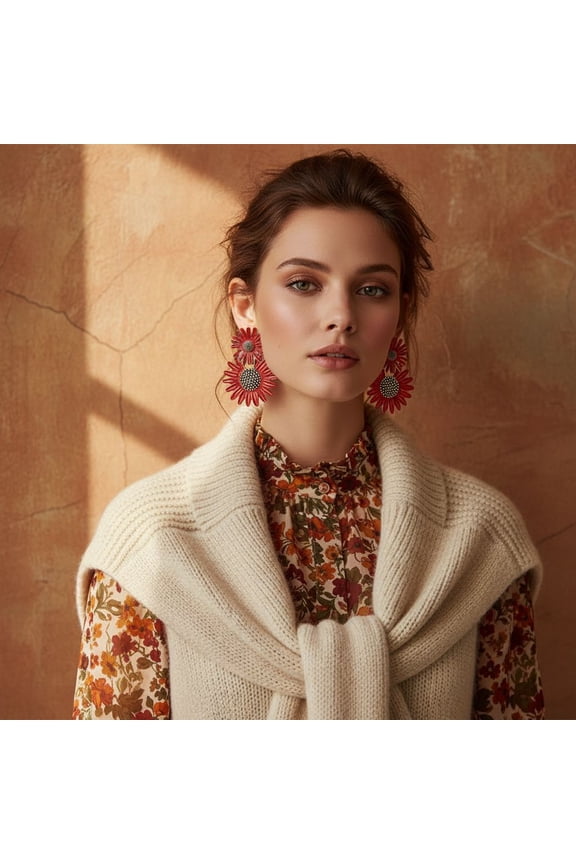 European and American New Autumn and Winter Enamel Double Layer Daisy Pendant Earrings Fashionable High-end Oil Drop Floral Earrings for Women