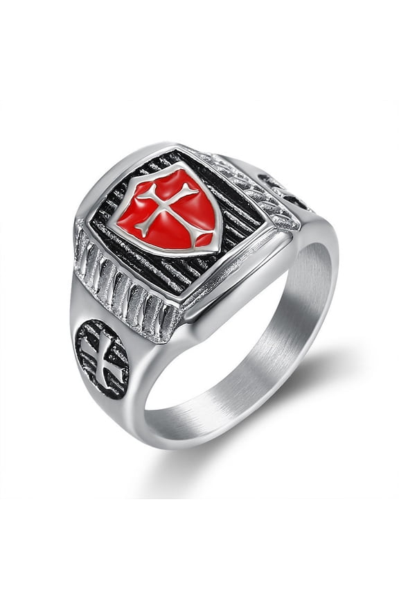 European and American Popular Templar Knights Ring 14K White Gold Ag Shape Shield Cross Men's Ring
